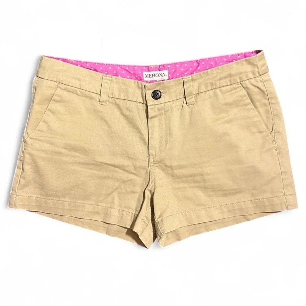 Y2K Tan Mini Shorts Low Rise Size 6 Pink Polka Dot Waist Preppy 2000s - Picture 4 of 6